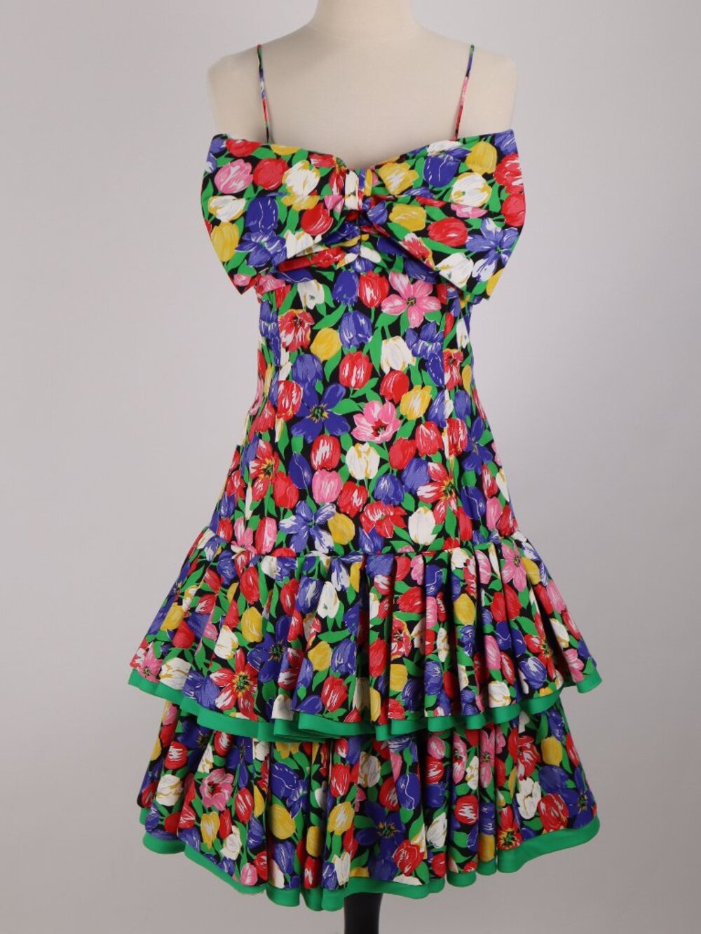 🌺 Vintage Victor Costa Floral Ruffled Tiered Big Bow Dress Gown Party Formal